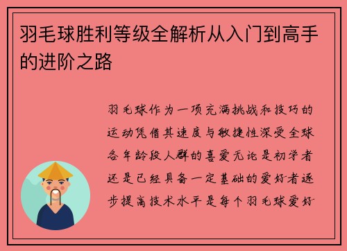 羽毛球胜利等级全解析从入门到高手的进阶之路